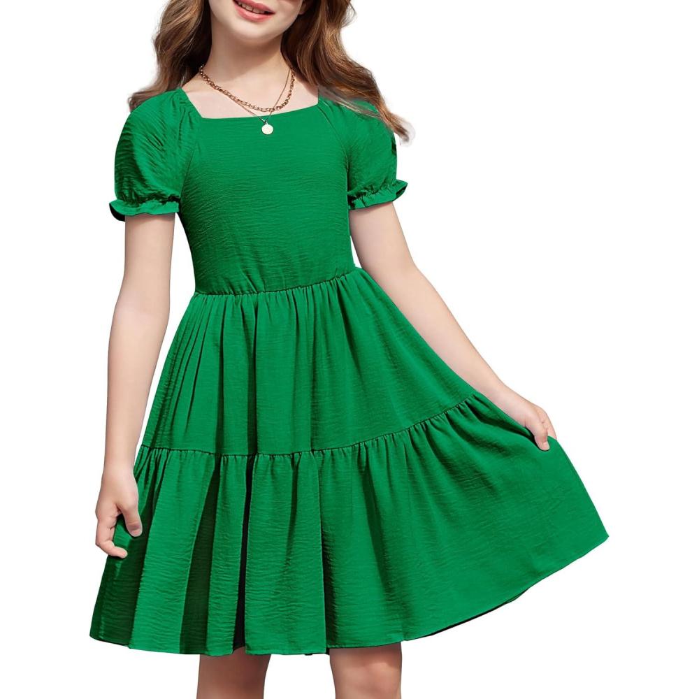 imageArshiner Girls Summer Dress Tie Back Short Sleeve Square Neck Tiered Midi Casual Dresses with PocketsGreen