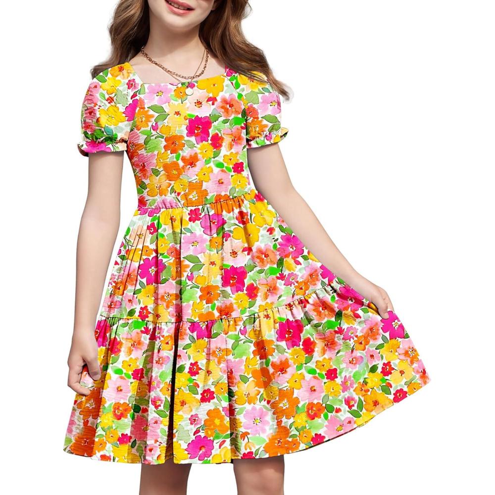 imageArshiner Girls Summer Dress Tie Back Short Sleeve Square Neck Tiered Midi Casual Dresses with PocketsOrange Floral