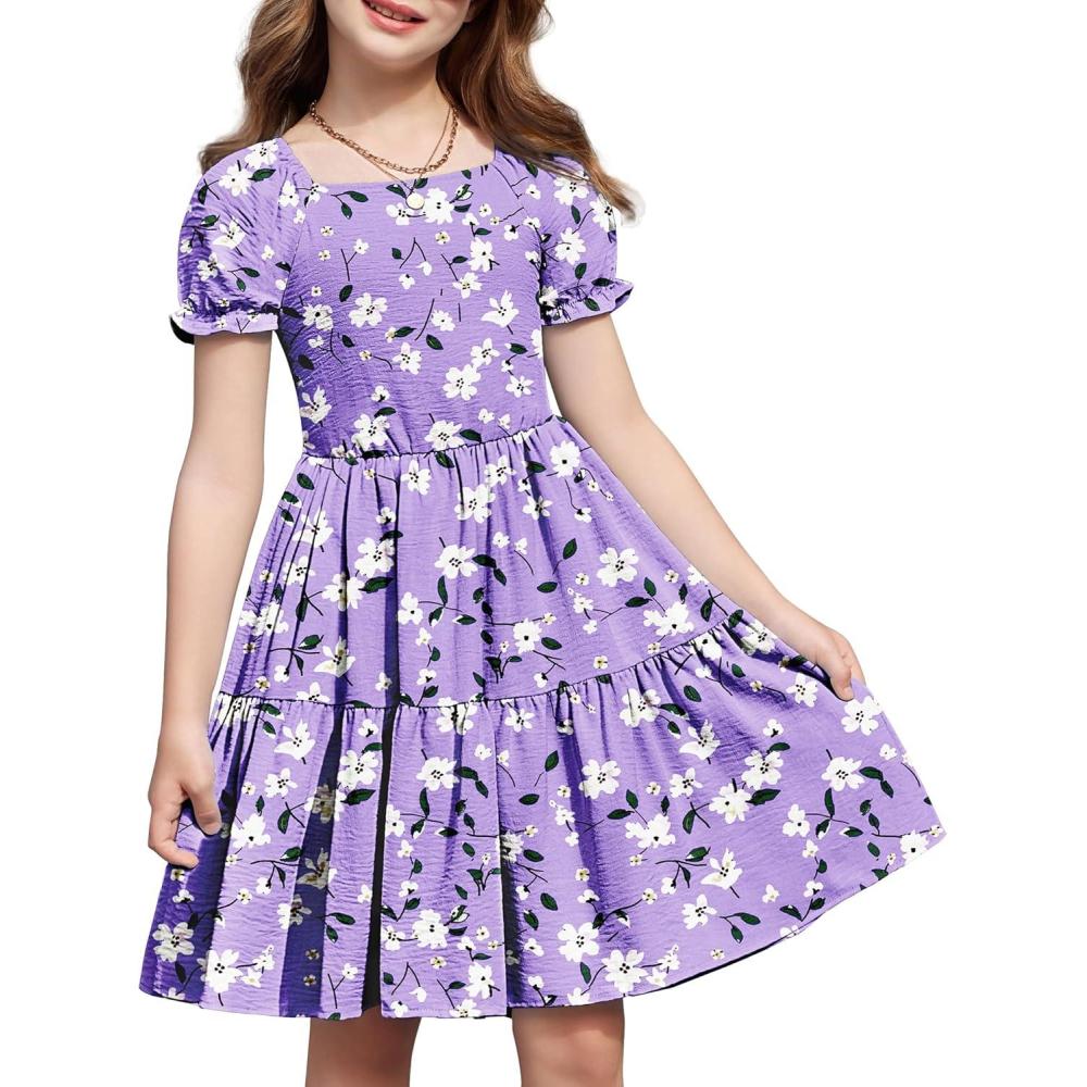 imageArshiner Girls Summer Dress Tie Back Short Sleeve Square Neck Tiered Midi Casual Dresses with PocketsPurple Floral