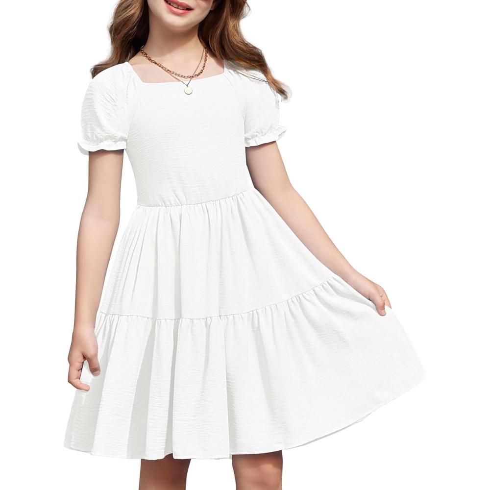 imageArshiner Girls Summer Dress Tie Back Short Sleeve Square Neck Tiered Midi Casual Dresses with PocketsWhite