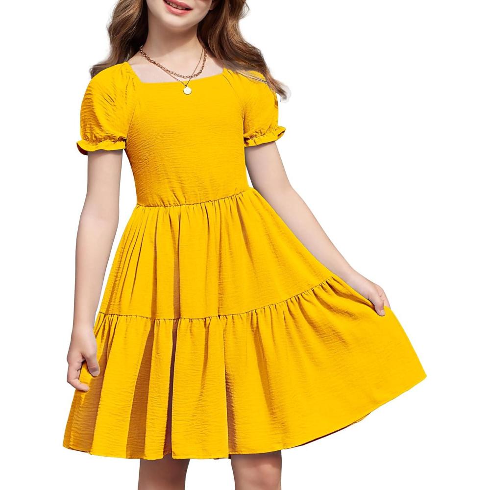 imageArshiner Girls Summer Dress Tie Back Short Sleeve Square Neck Tiered Midi Casual Dresses with PocketsYellow