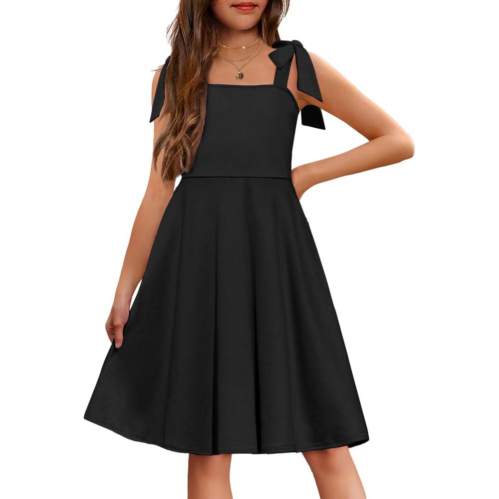 imageArshiner Girls Summer Dress Tie Strap Sleeveless Solid Color Square Neck Party Dresses 611 YBlack