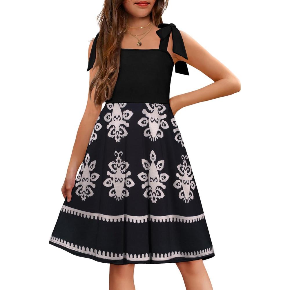 imageArshiner Girls Summer Dress Tie Strap Sleeveless Solid Color Square Neck Party Dresses 611 YFlower on Black