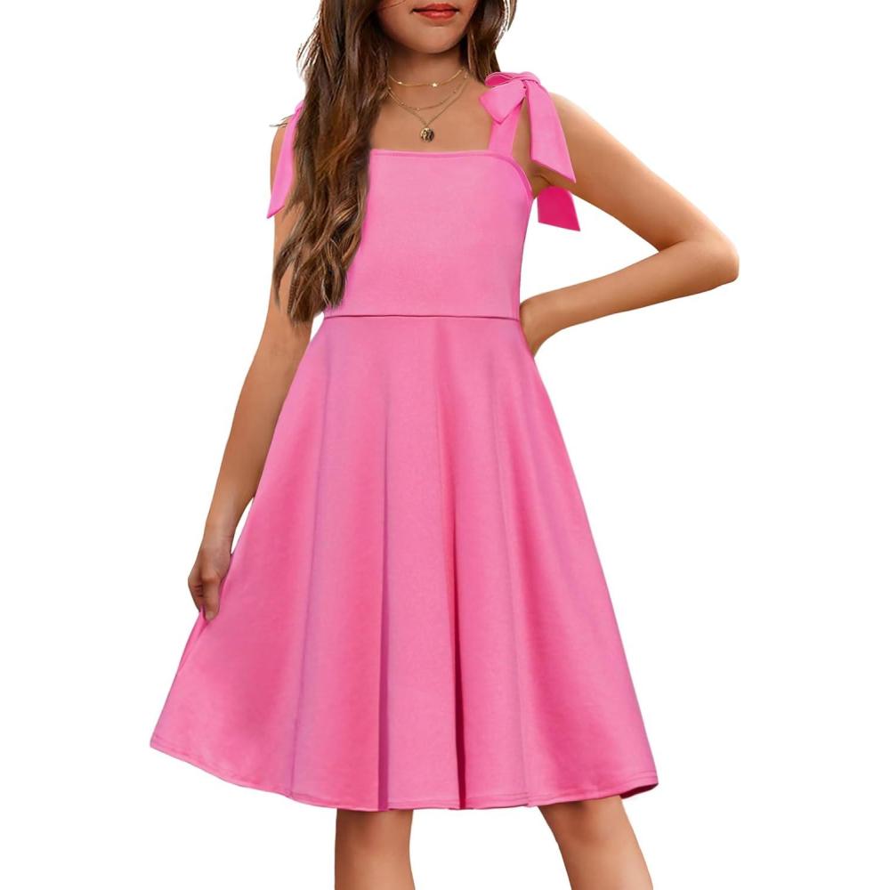 imageArshiner Girls Summer Dress Tie Strap Sleeveless Solid Color Square Neck Party Dresses 611 YPeach Pink