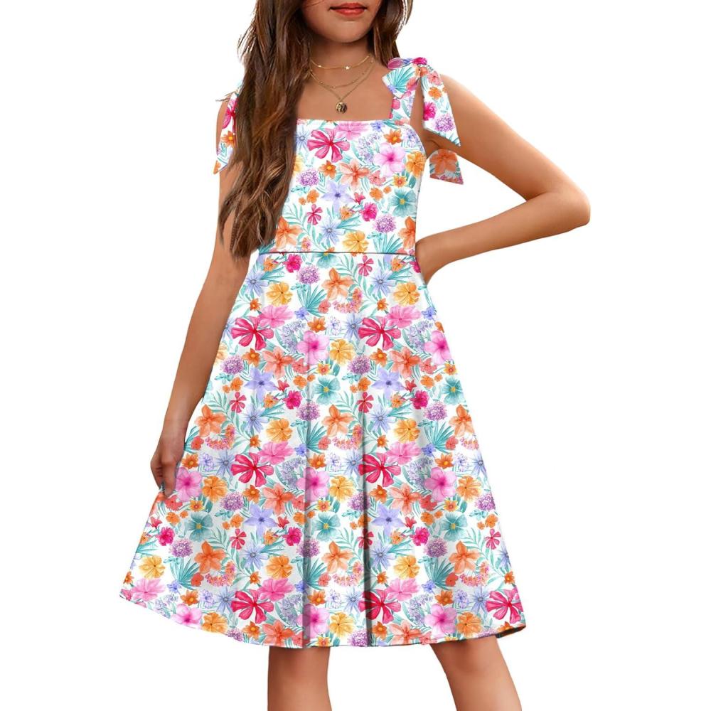 imageArshiner Girls Summer Dress Tie Strap Sleeveless Solid Color Square Neck Party Dresses 611 YPurple Green Flower