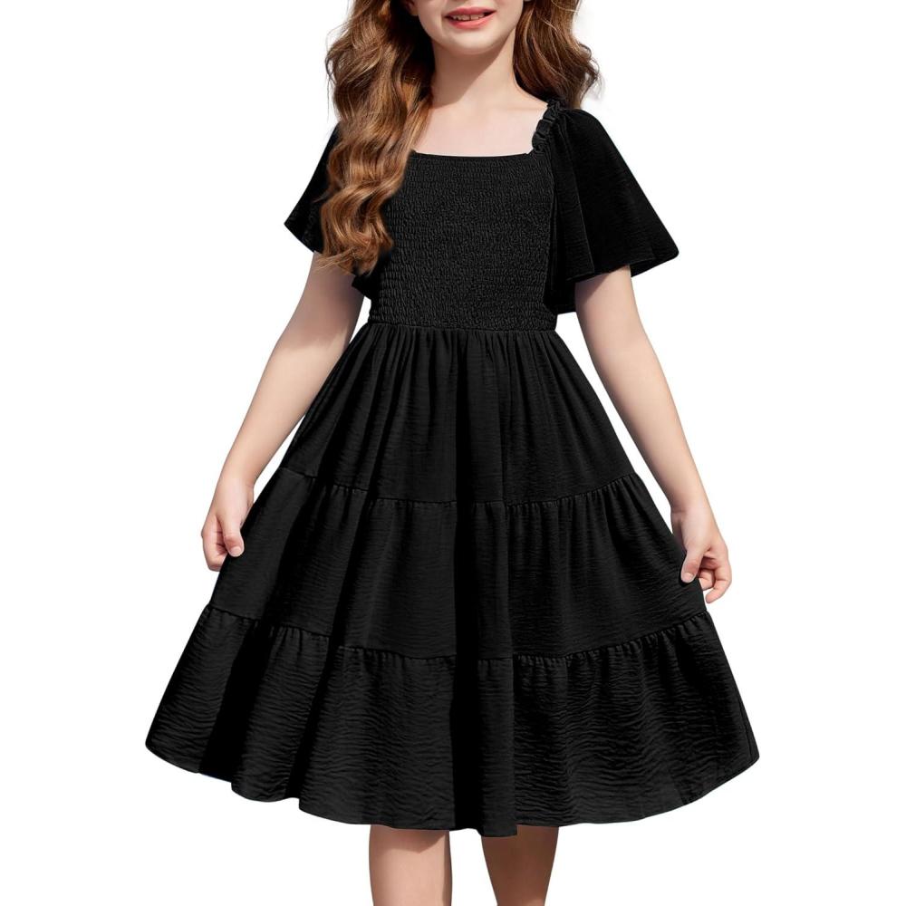 imageArshiner Girls Summer Dress Tween Boho Casual Smocked Swing Flowy Ruffle Midi Dresses with PocketsBlack