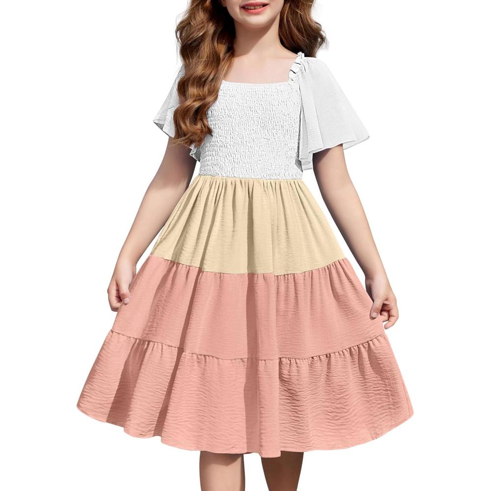 imageArshiner Girls Summer Dress Tween Boho Casual Smocked Swing Flowy Ruffle Midi Dresses with PocketsKhaki Color Block