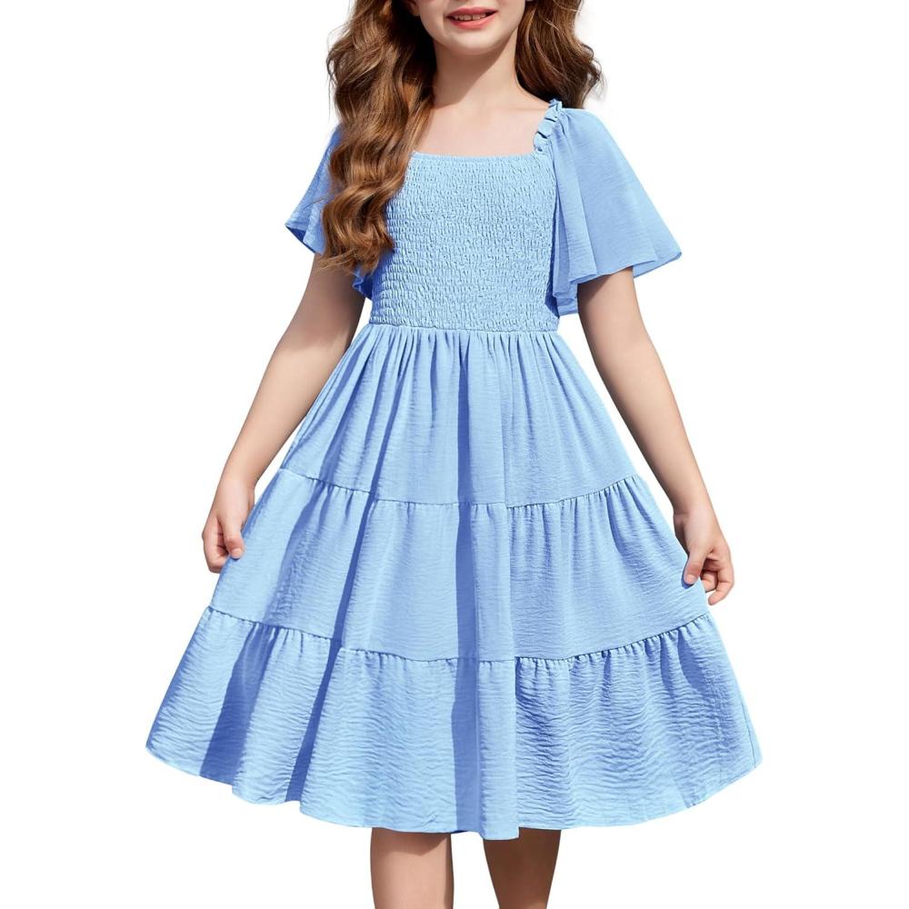 imageArshiner Girls Summer Dress Tween Boho Casual Smocked Swing Flowy Ruffle Midi Dresses with PocketsLight Blue