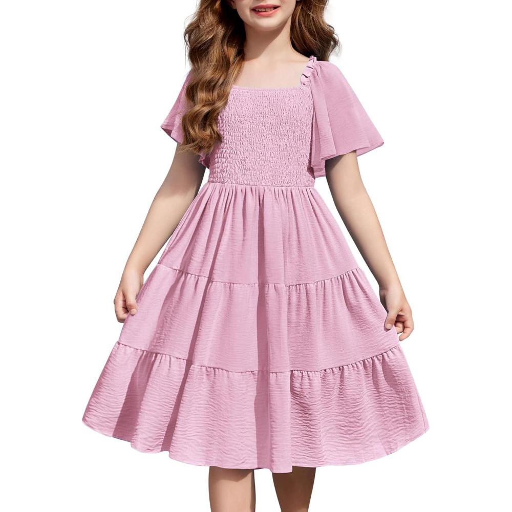 imageArshiner Girls Summer Dress Tween Boho Casual Smocked Swing Flowy Ruffle Midi Dresses with PocketsPink