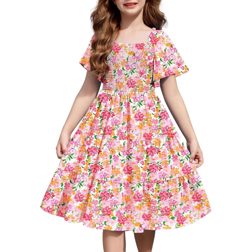 imageArshiner Girls Summer Dress Tween Boho Casual Smocked Swing Flowy Ruffle Midi Dresses with PocketsPink Floral