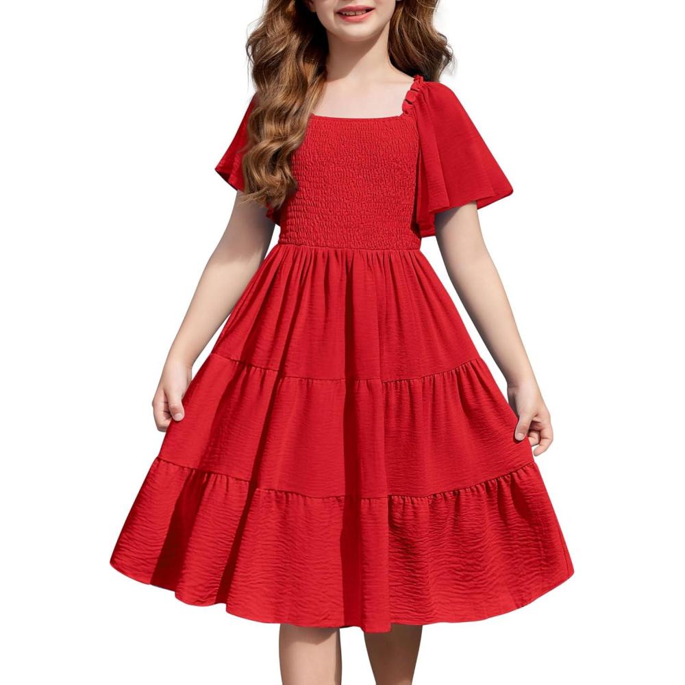 imageArshiner Girls Summer Dress Tween Boho Casual Smocked Swing Flowy Ruffle Midi Dresses with PocketsRed