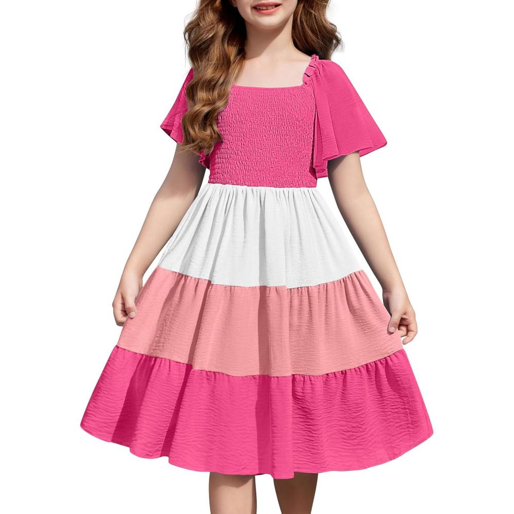 imageArshiner Girls Summer Dress Tween Boho Casual Smocked Swing Flowy Ruffle Midi Dresses with PocketsWhitepink Block