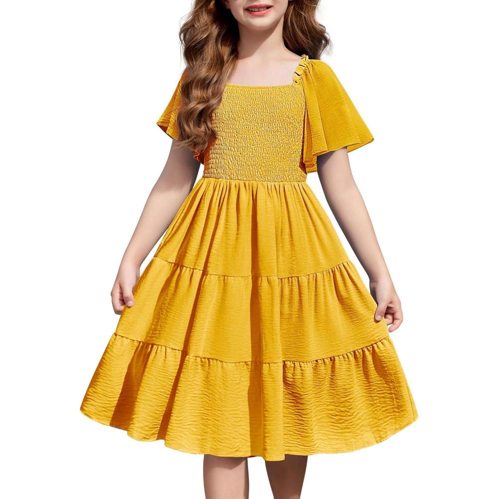 imageArshiner Girls Summer Dress Tween Boho Casual Smocked Swing Flowy Ruffle Midi Dresses with PocketsYellow