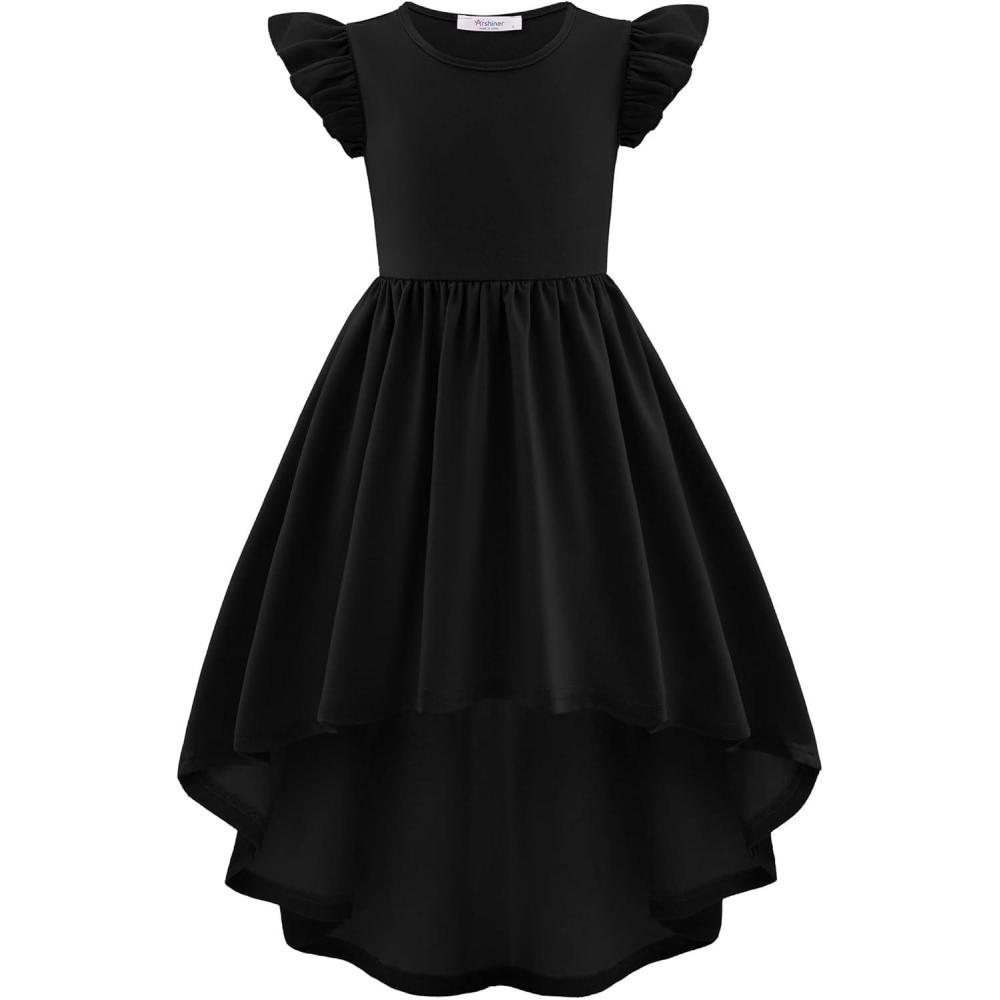 imageArshiner Girls Summer Dress Tween Flutter Sleeve High Low Formal Dresses for Wedding Party with PocketBlack