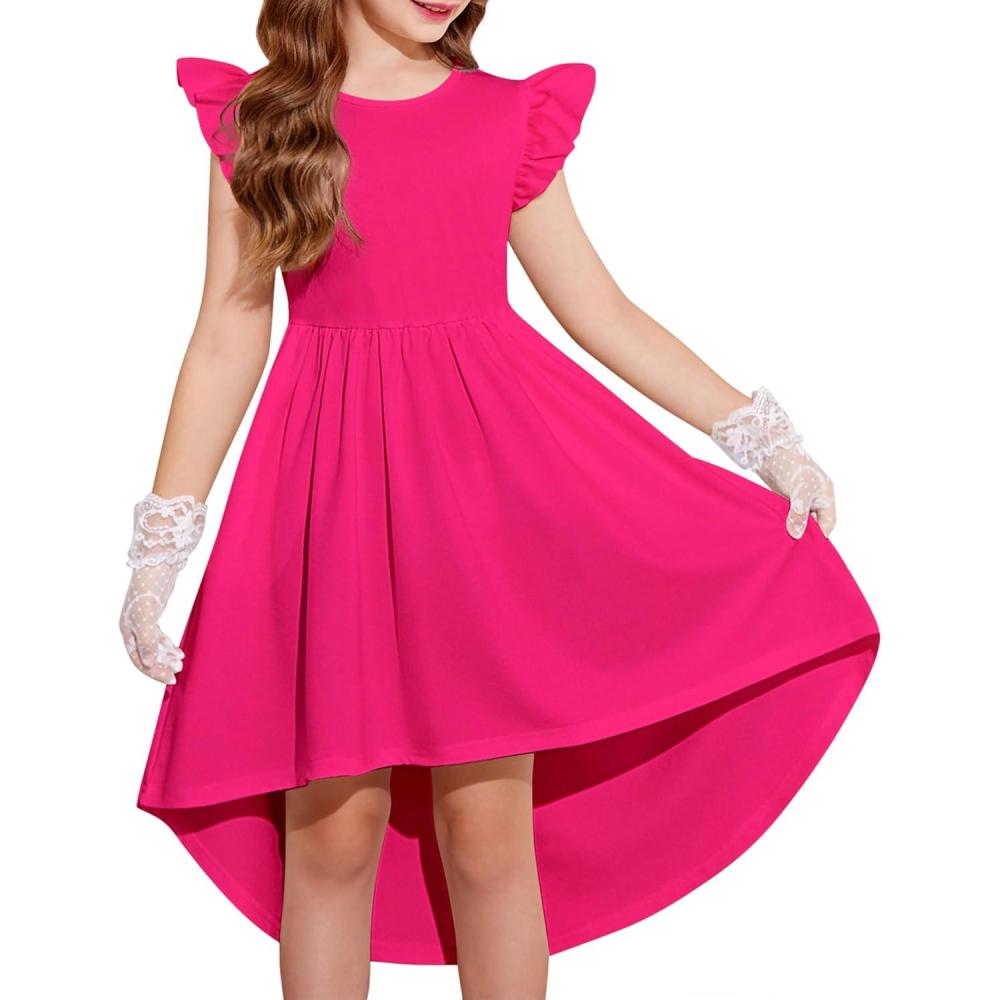 imageArshiner Girls Summer Dress Tween Flutter Sleeve High Low Formal Dresses for Wedding Party with PocketHot Pink
