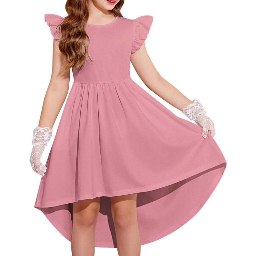 imageArshiner Girls Summer Dress Tween Flutter Sleeve High Low Formal Dresses for Wedding Party with PocketPink
