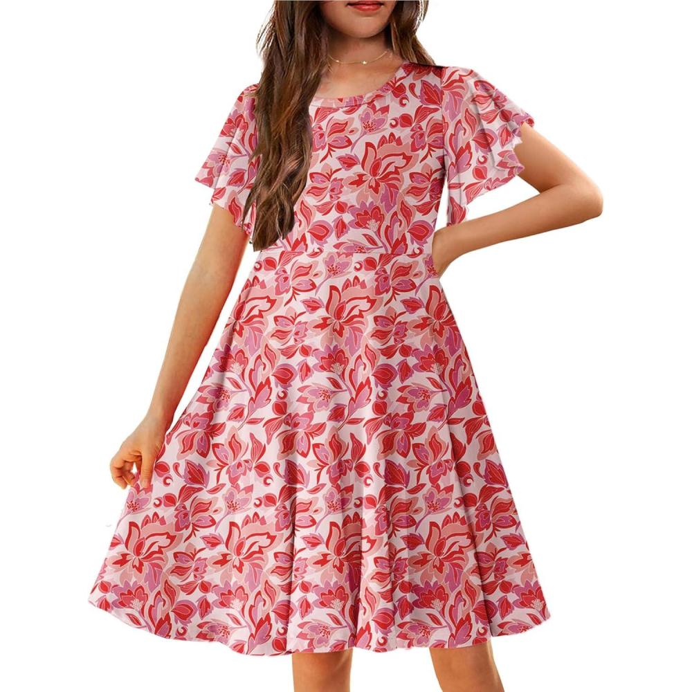 imageArshiner Girls Summer Dresses Ruffle Short Sleeve Swing Flowy Midi Casual Sundress with PocketsA Floral Red