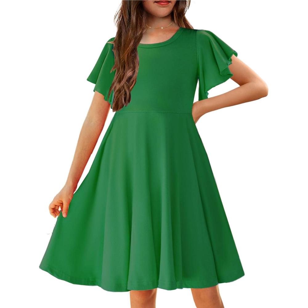 imageArshiner Girls Summer Dresses Ruffle Short Sleeve Swing Flowy Midi Casual Sundress with PocketsA Green