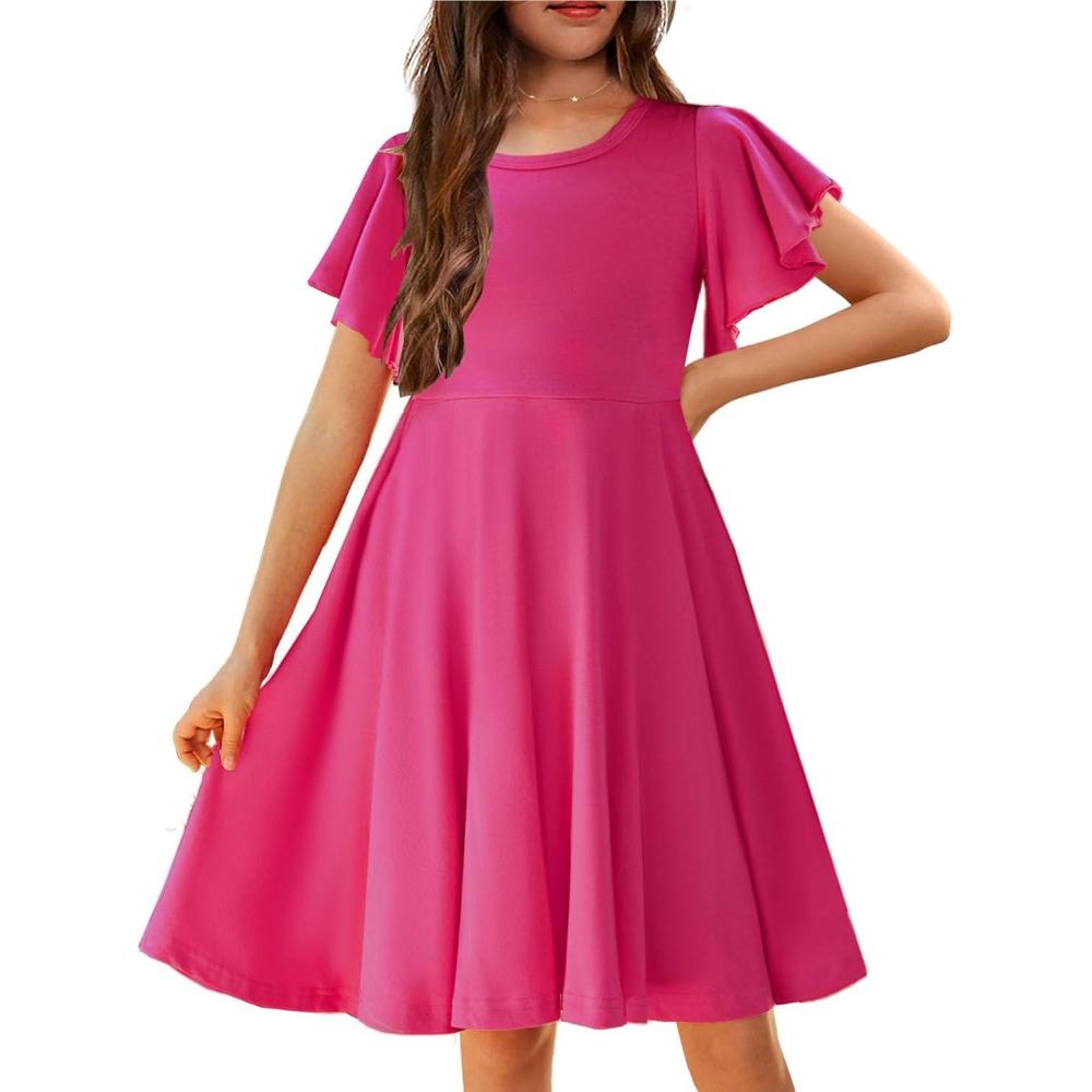 imageArshiner Girls Summer Dresses Ruffle Short Sleeve Swing Flowy Midi Casual Sundress with PocketsA Rose Red