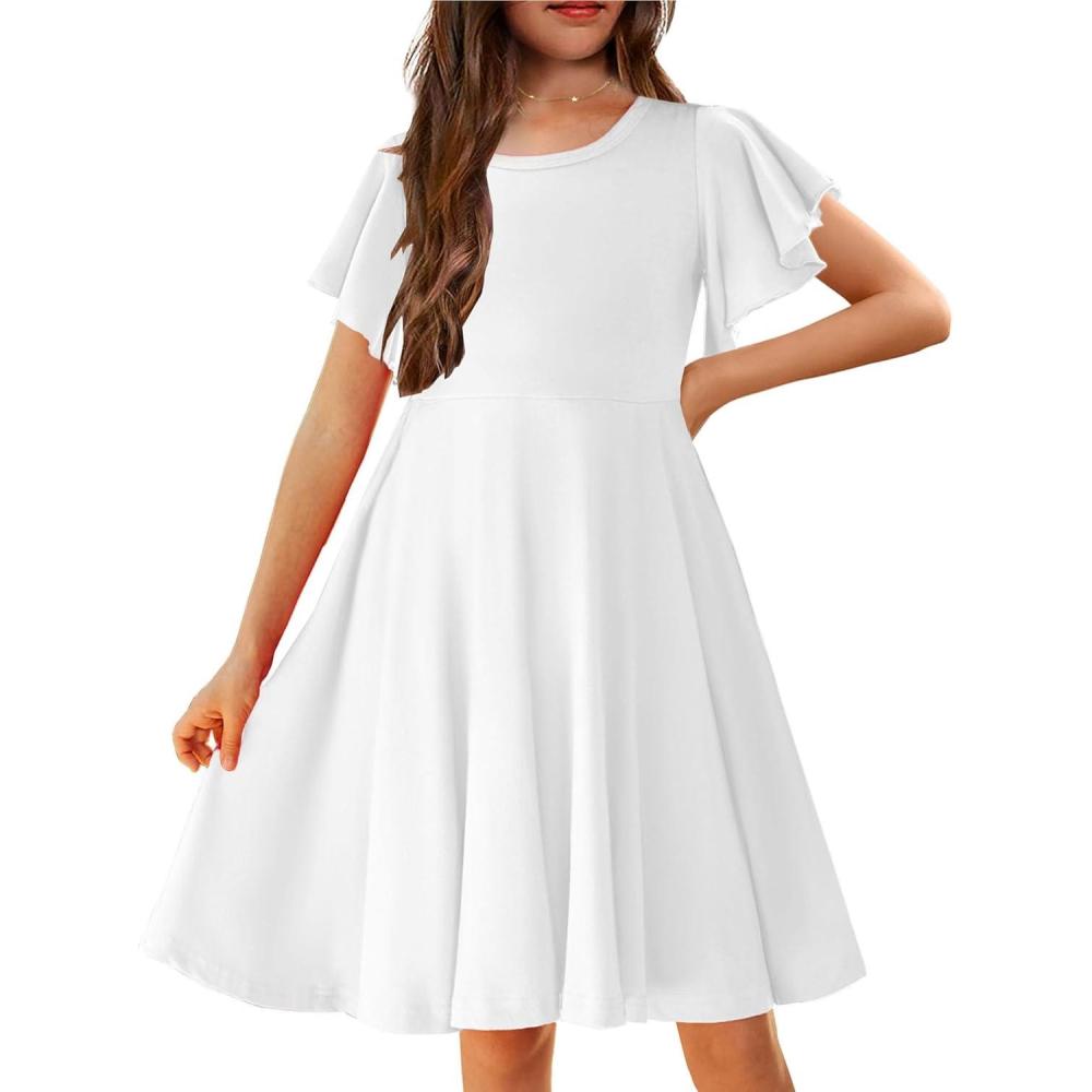 imageArshiner Girls Summer Dresses Ruffle Short Sleeve Swing Flowy Midi Casual Sundress with PocketsA White