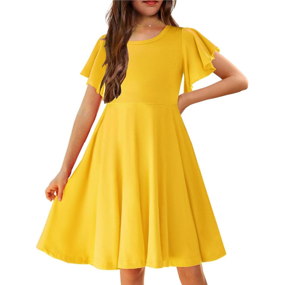 imageArshiner Girls Summer Dresses Ruffle Short Sleeve Swing Flowy Midi Casual Sundress with PocketsA Yellow