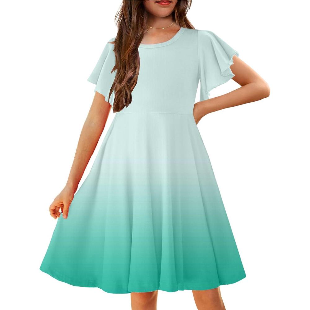 imageArshiner Girls Summer Dresses Ruffle Short Sleeve Swing Flowy Midi Casual Sundress with PocketsGradient Green