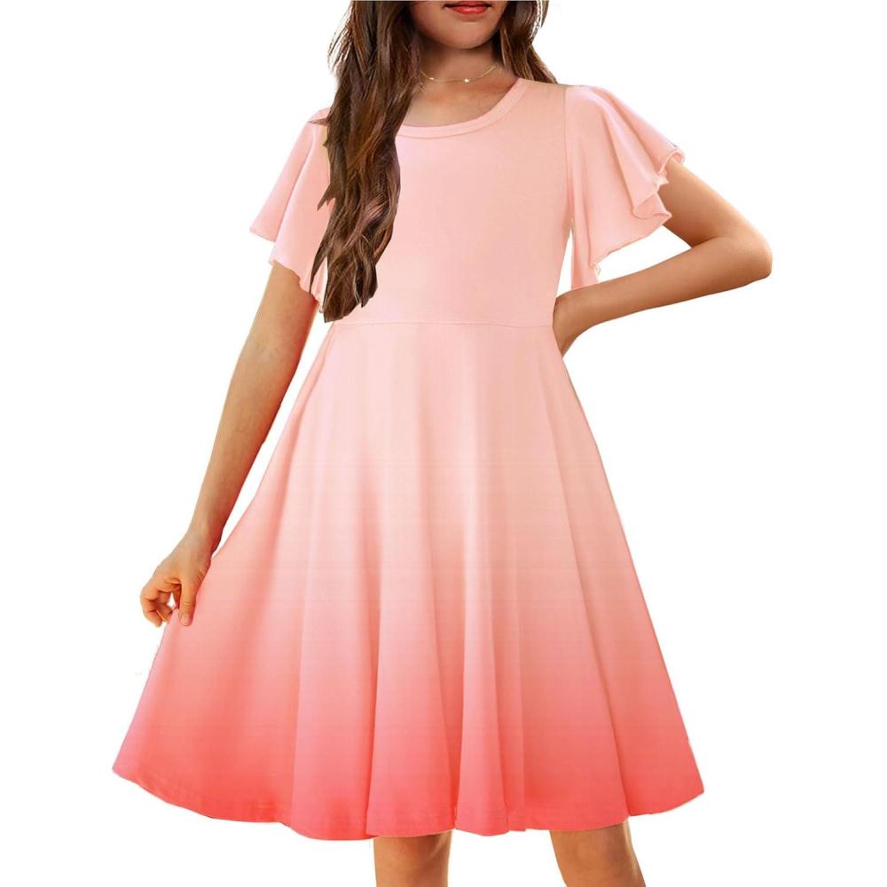 imageArshiner Girls Summer Dresses Ruffle Short Sleeve Swing Flowy Midi Casual Sundress with PocketsGradient Pink