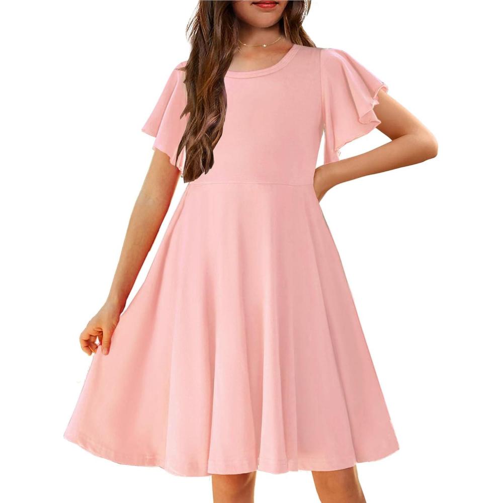 imageArshiner Girls Summer Dresses Ruffle Short Sleeve Swing Flowy Midi Casual Sundress with PocketsPink
