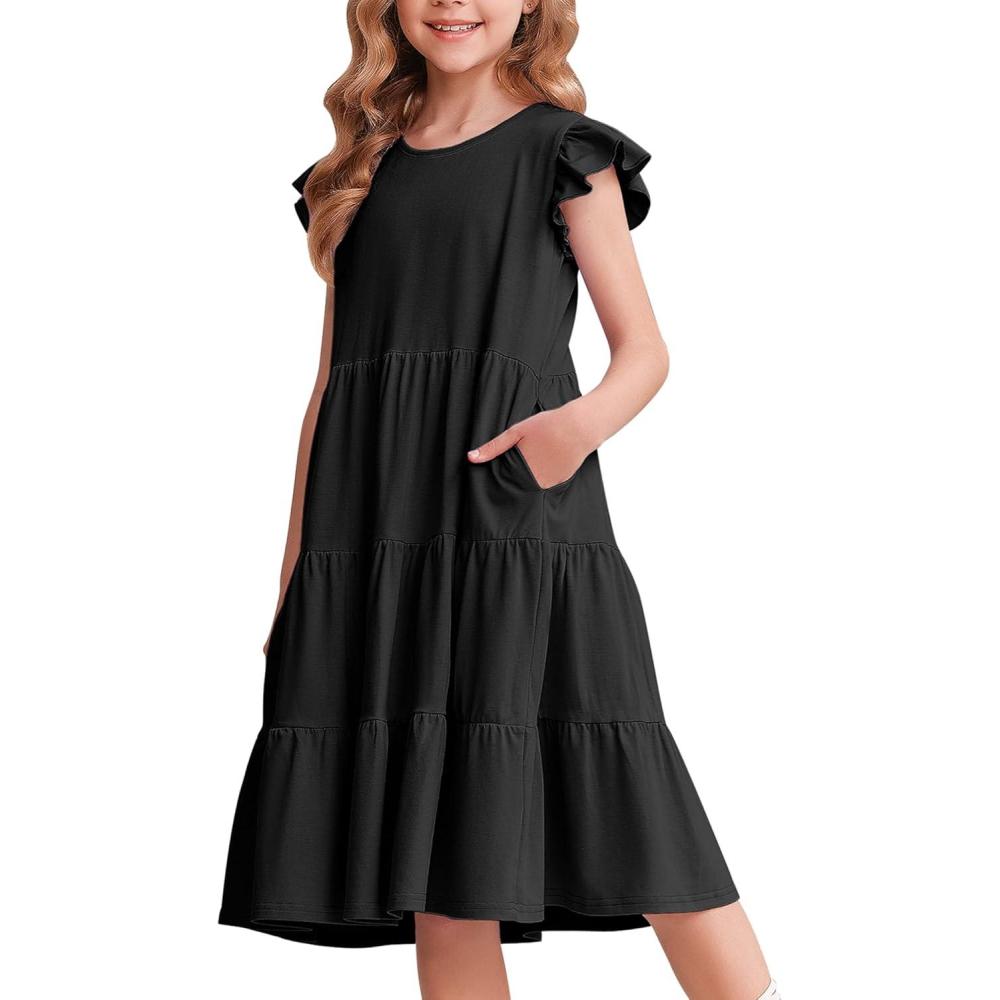 imageArshiner Girls Summer Dresses Ruffle Sleeve Tiered Swing Midi Casual Sundress with PocketsBlack