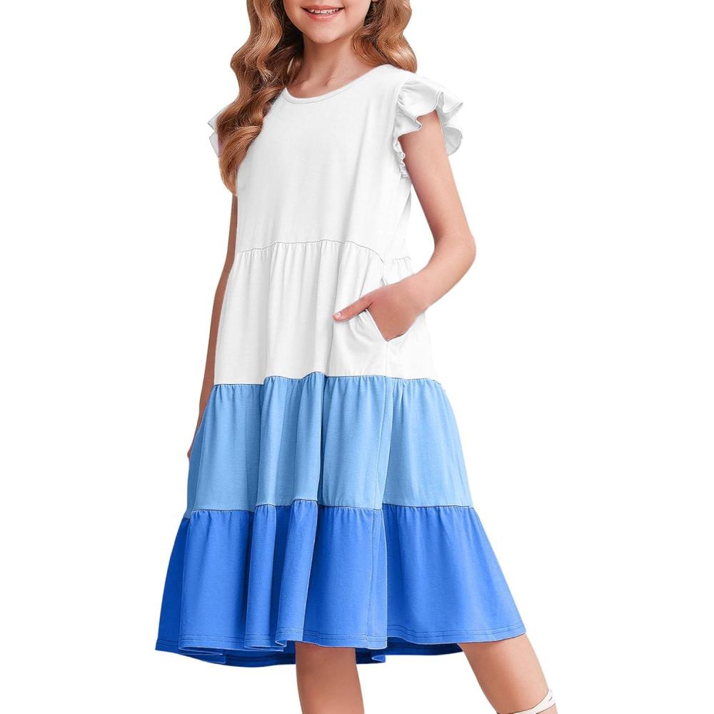 imageArshiner Girls Summer Dresses Ruffle Sleeve Tiered Swing Midi Casual Sundress with PocketsWhite Blue