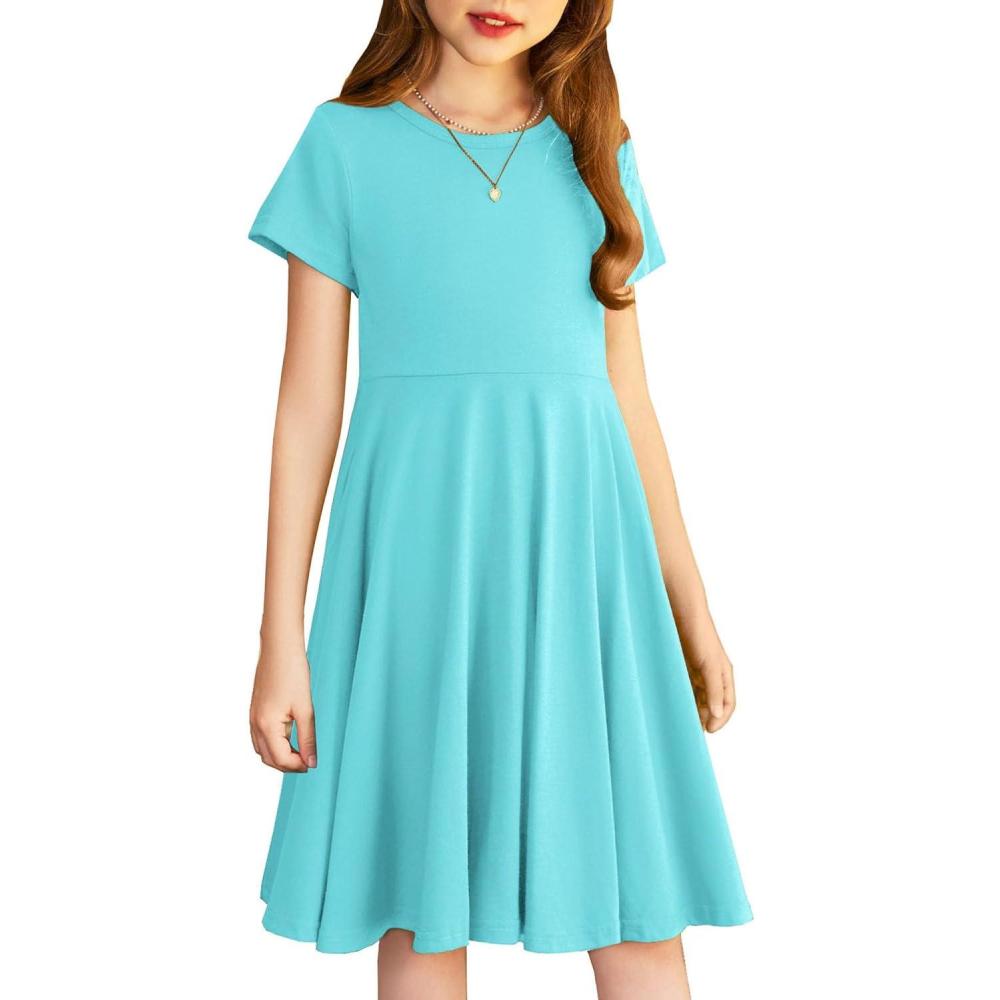 imageArshiner Girls Summer Dresses Short Sleeve Casual Holiday Skater Twirl Dress with PocketsBlue