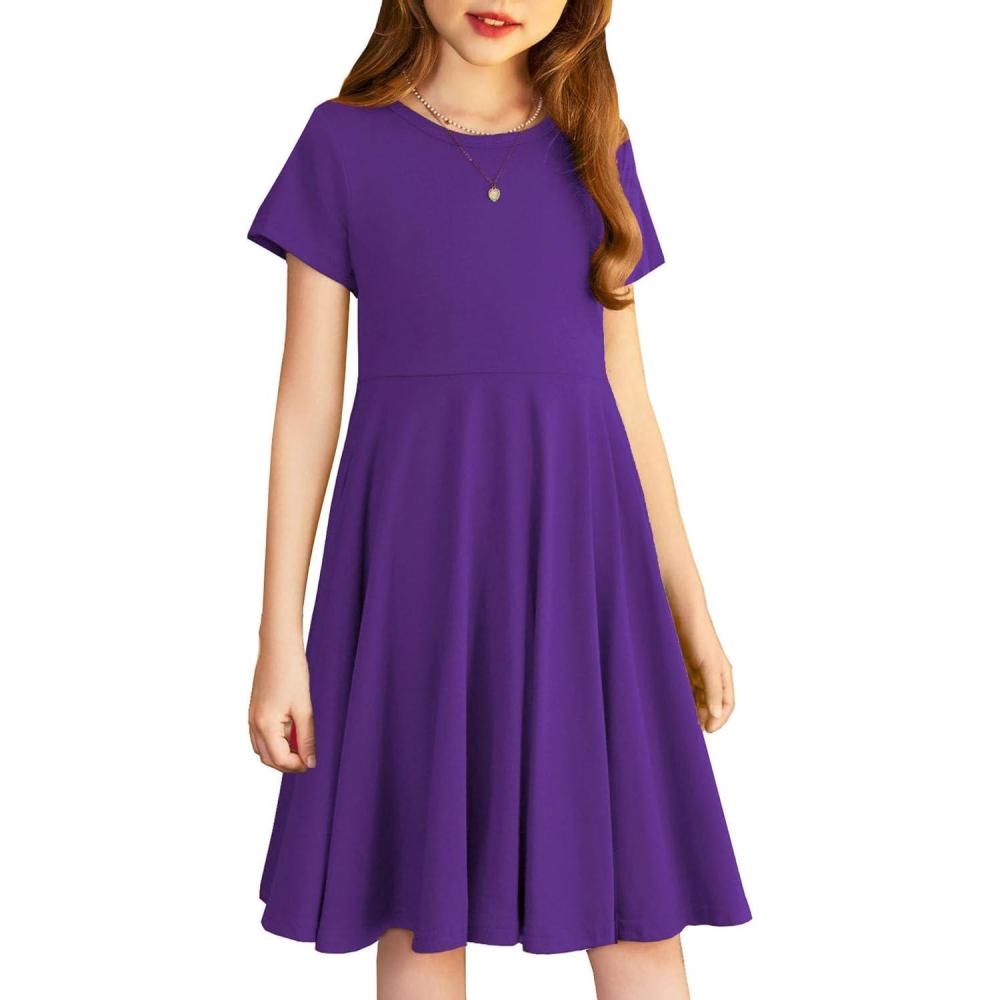 imageArshiner Girls Summer Dresses Short Sleeve Casual Holiday Skater Twirl Dress with PocketsDark Purple