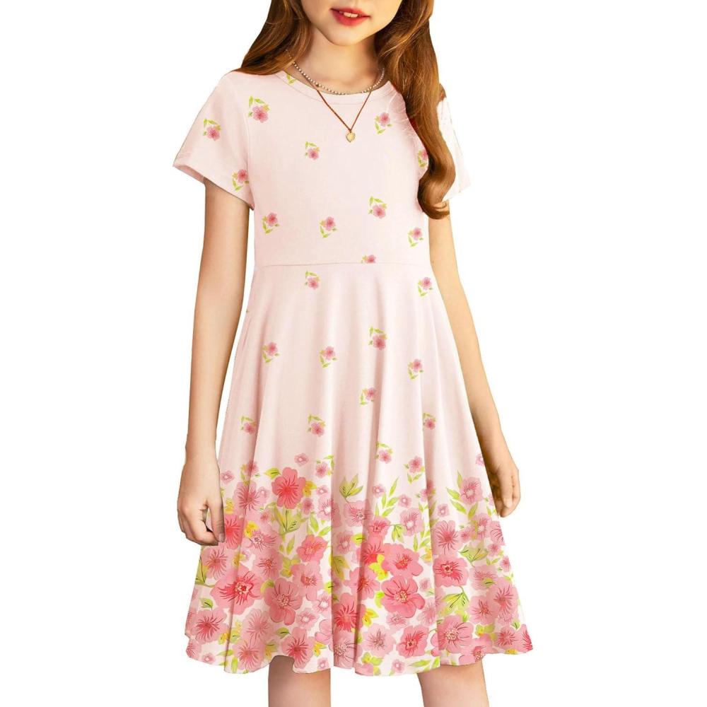 imageArshiner Girls Summer Dresses Short Sleeve Casual Holiday Skater Twirl Dress with PocketsFloral Pink