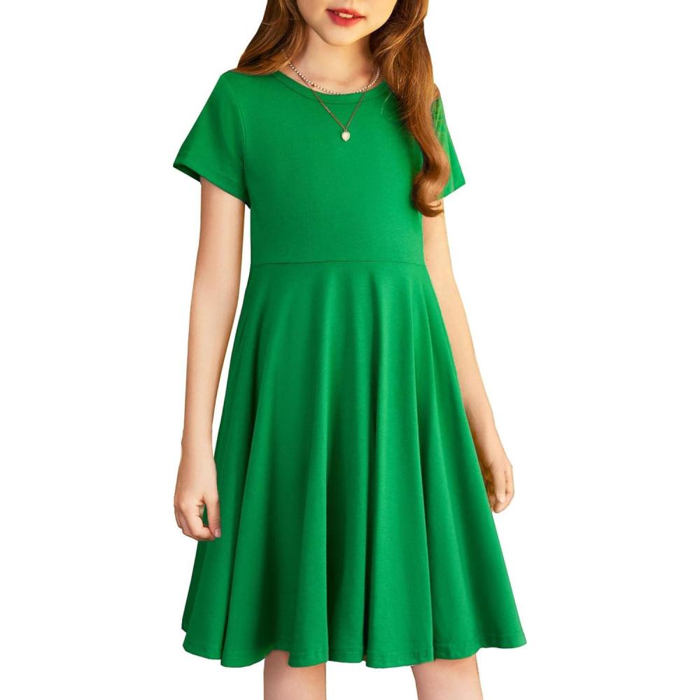 imageArshiner Girls Summer Dresses Short Sleeve Casual Holiday Skater Twirl Dress with PocketsGreen
