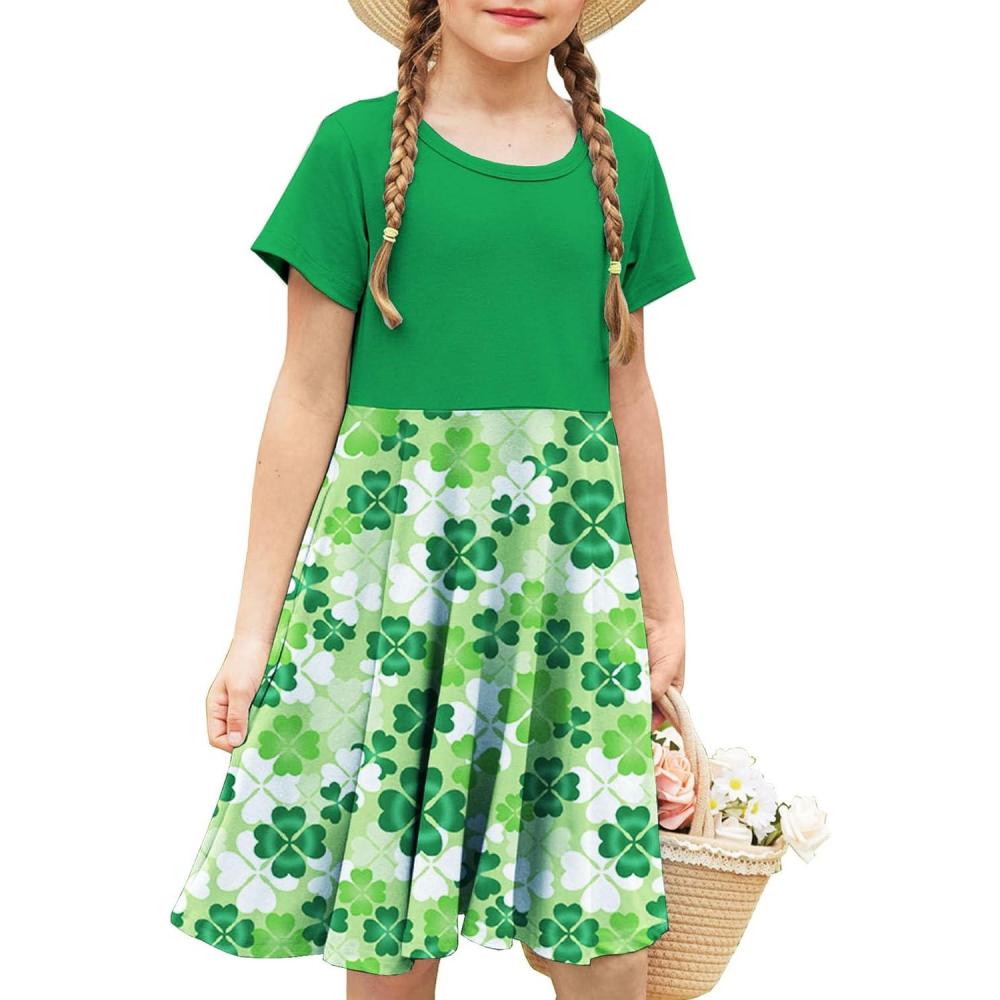 imageArshiner Girls Summer Dresses Short Sleeve Casual Holiday Skater Twirl Dress with PocketsGreen Cloverstpatricks Day