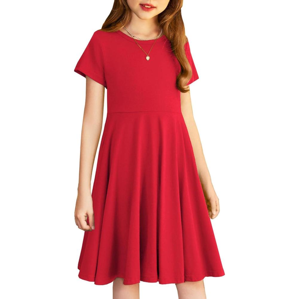 imageArshiner Girls Summer Dresses Short Sleeve Casual Holiday Skater Twirl Dress with PocketsRed