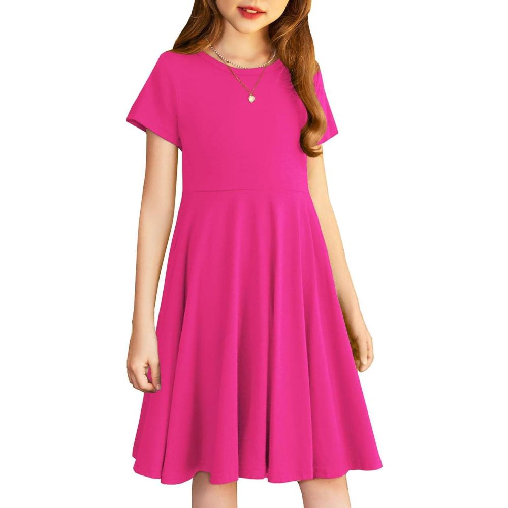 imageArshiner Girls Summer Dresses Short Sleeve Casual Holiday Skater Twirl Dress with PocketsRose Red