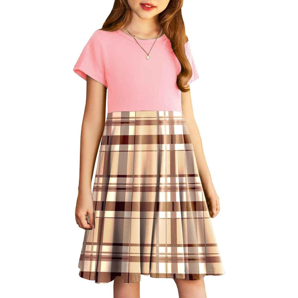 imageArshiner Girls Summer Dresses Short Sleeve Casual Holiday Skater Twirl Dress with PocketsSchool Yellow Plaid