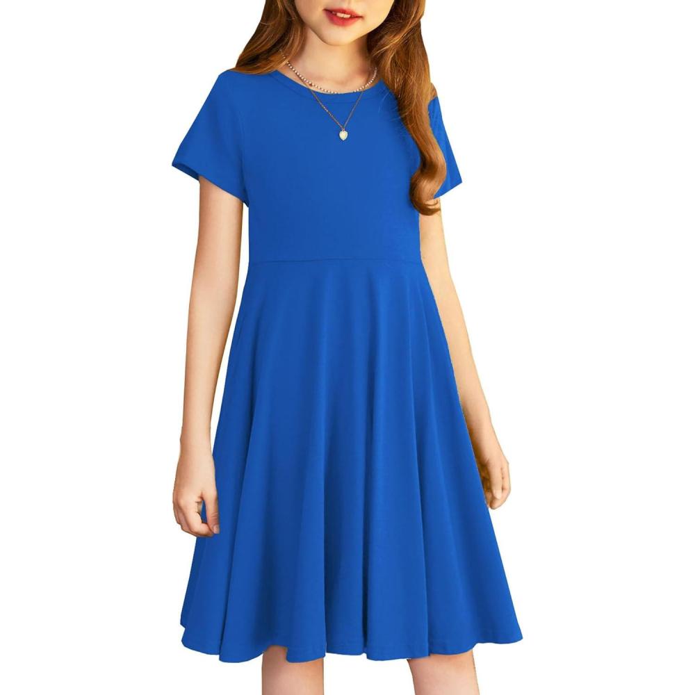 imageArshiner Girls Summer Dresses Short Sleeve Casual Holiday Skater Twirl Dress with PocketsSky Blue
