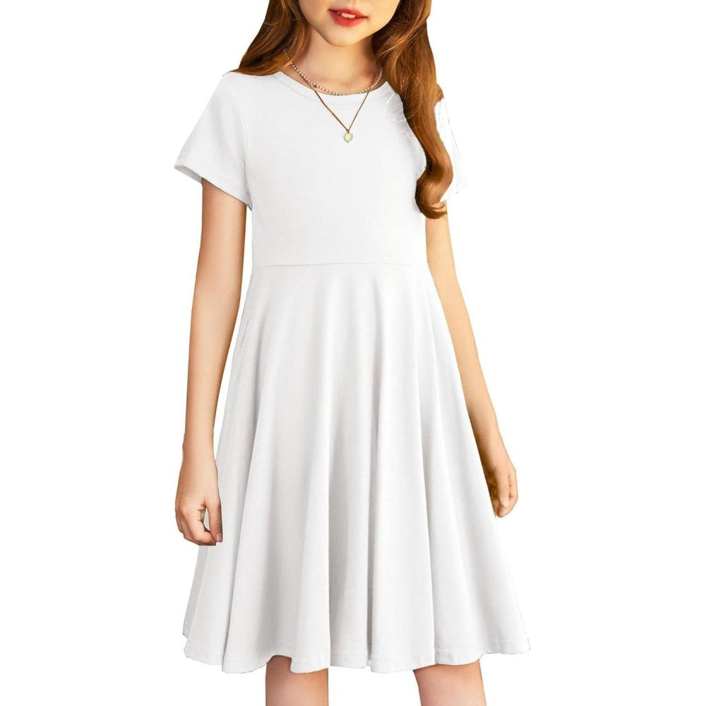 imageArshiner Girls Summer Dresses Short Sleeve Casual Holiday Skater Twirl Dress with PocketsWhite