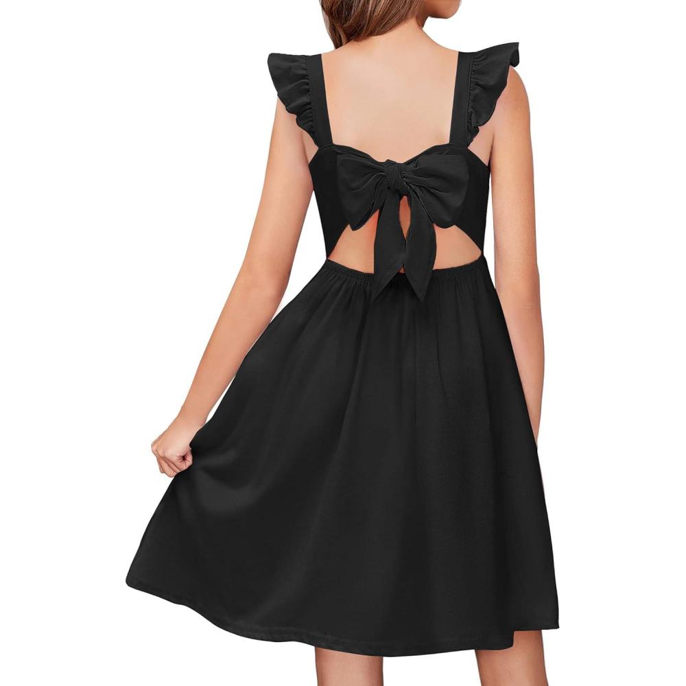 imageArshiner Girls Summer Dresses Square Neck Ruffle Sleeve Tie Back ALine Swing Casual Midi Dress with PocketsBlack