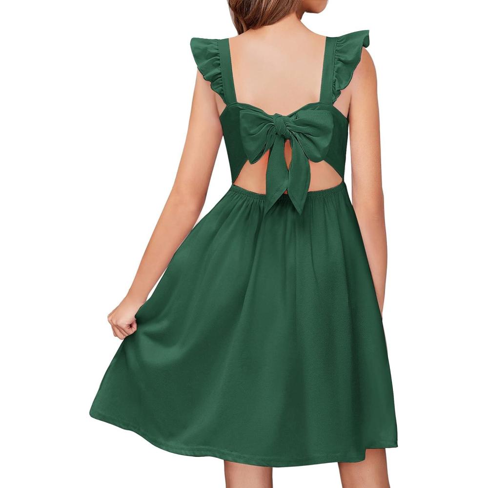 imageArshiner Girls Summer Dresses Square Neck Ruffle Sleeve Tie Back ALine Swing Casual Midi Dress with PocketsDark Green