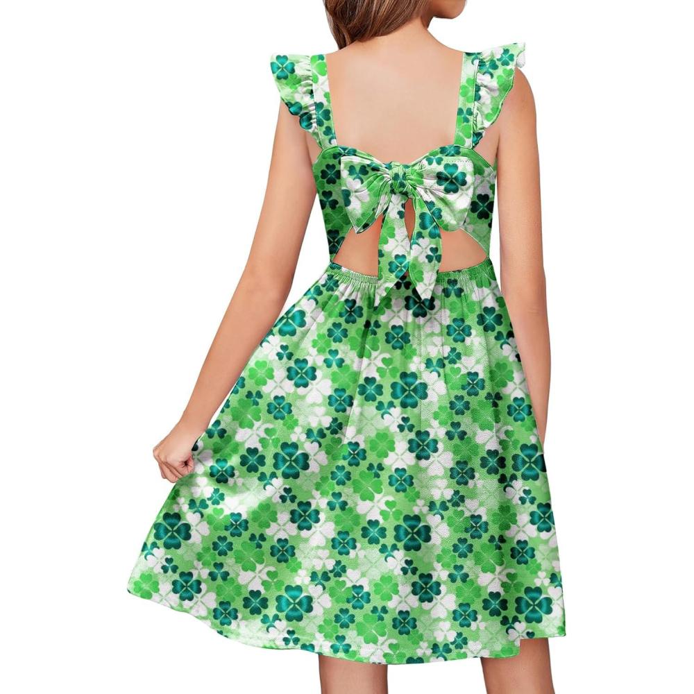 imageArshiner Girls Summer Dresses Square Neck Ruffle Sleeve Tie Back ALine Swing Casual Midi Dress with PocketsGreen Floral