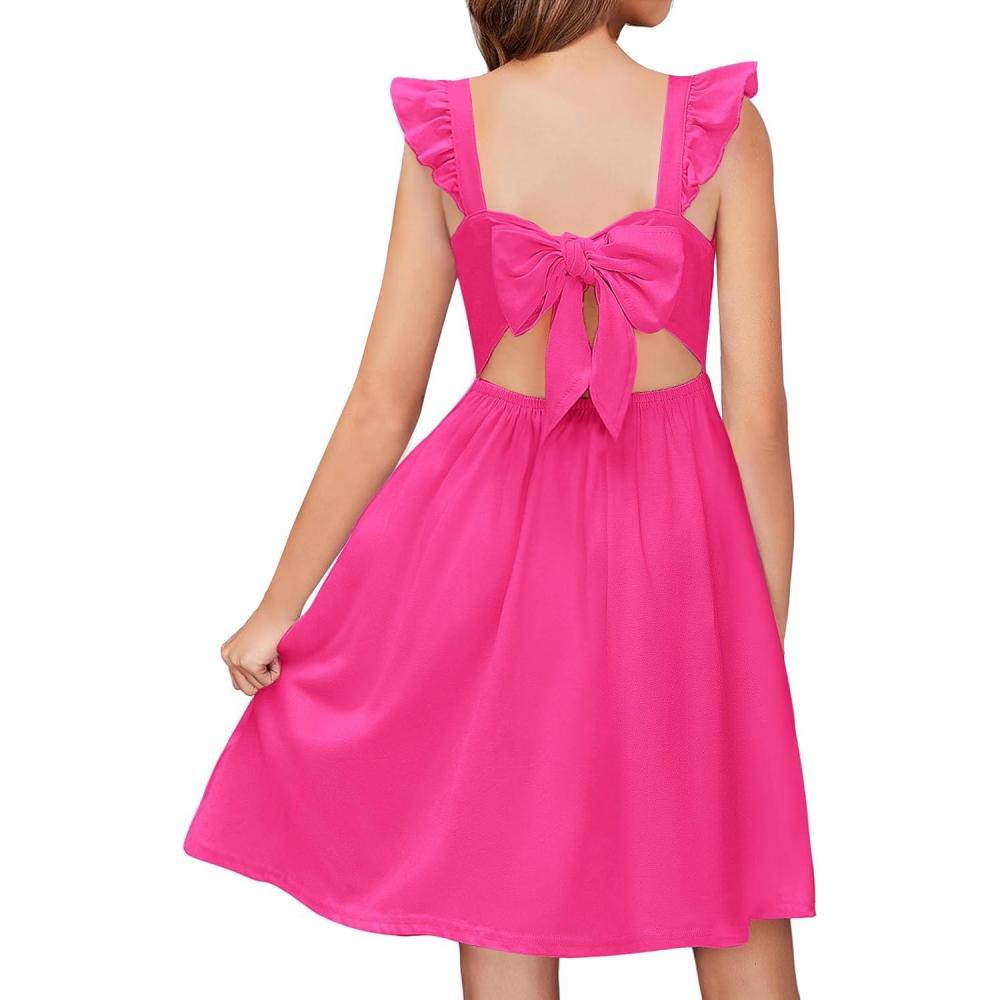 imageArshiner Girls Summer Dresses Square Neck Ruffle Sleeve Tie Back ALine Swing Casual Midi Dress with PocketsHot Pink
