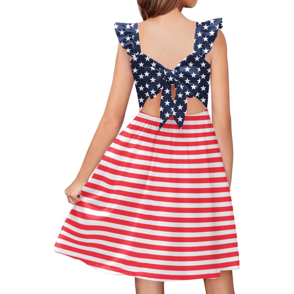 imageArshiner Girls Summer Dresses Square Neck Ruffle Sleeve Tie Back ALine Swing Casual Midi Dress with PocketsNavy Stars