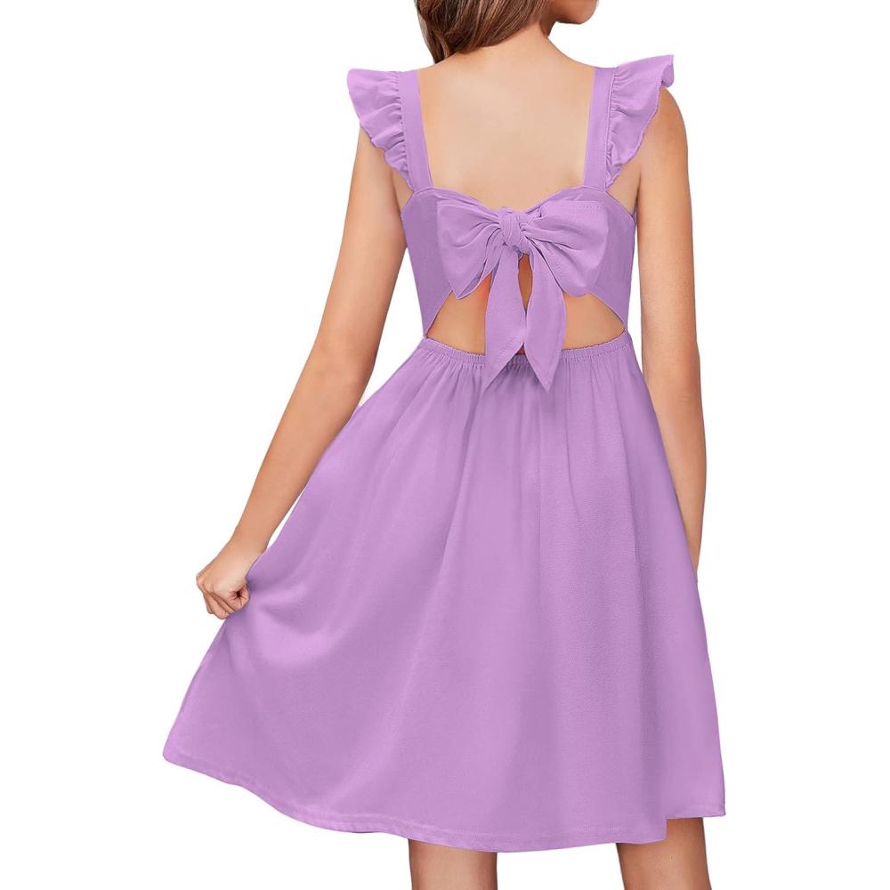 imageArshiner Girls Summer Dresses Square Neck Ruffle Sleeve Tie Back ALine Swing Casual Midi Dress with PocketsPurple