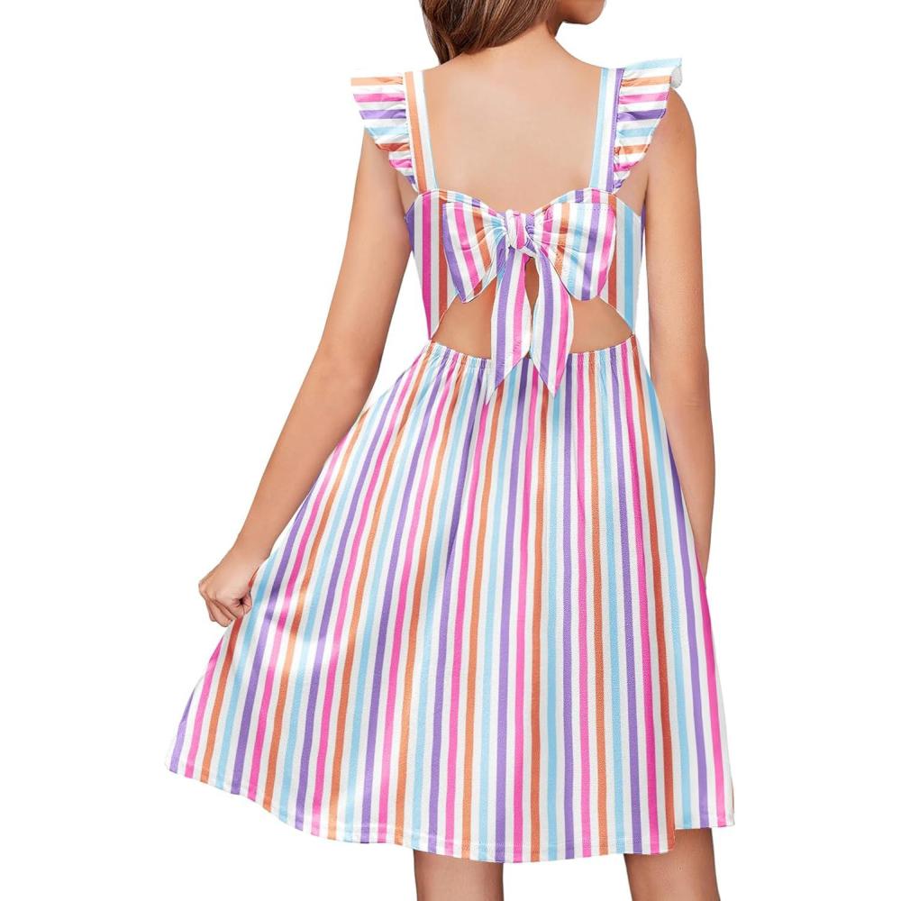 imageArshiner Girls Summer Dresses Square Neck Ruffle Sleeve Tie Back ALine Swing Casual Midi Dress with PocketsRainbow Stripes