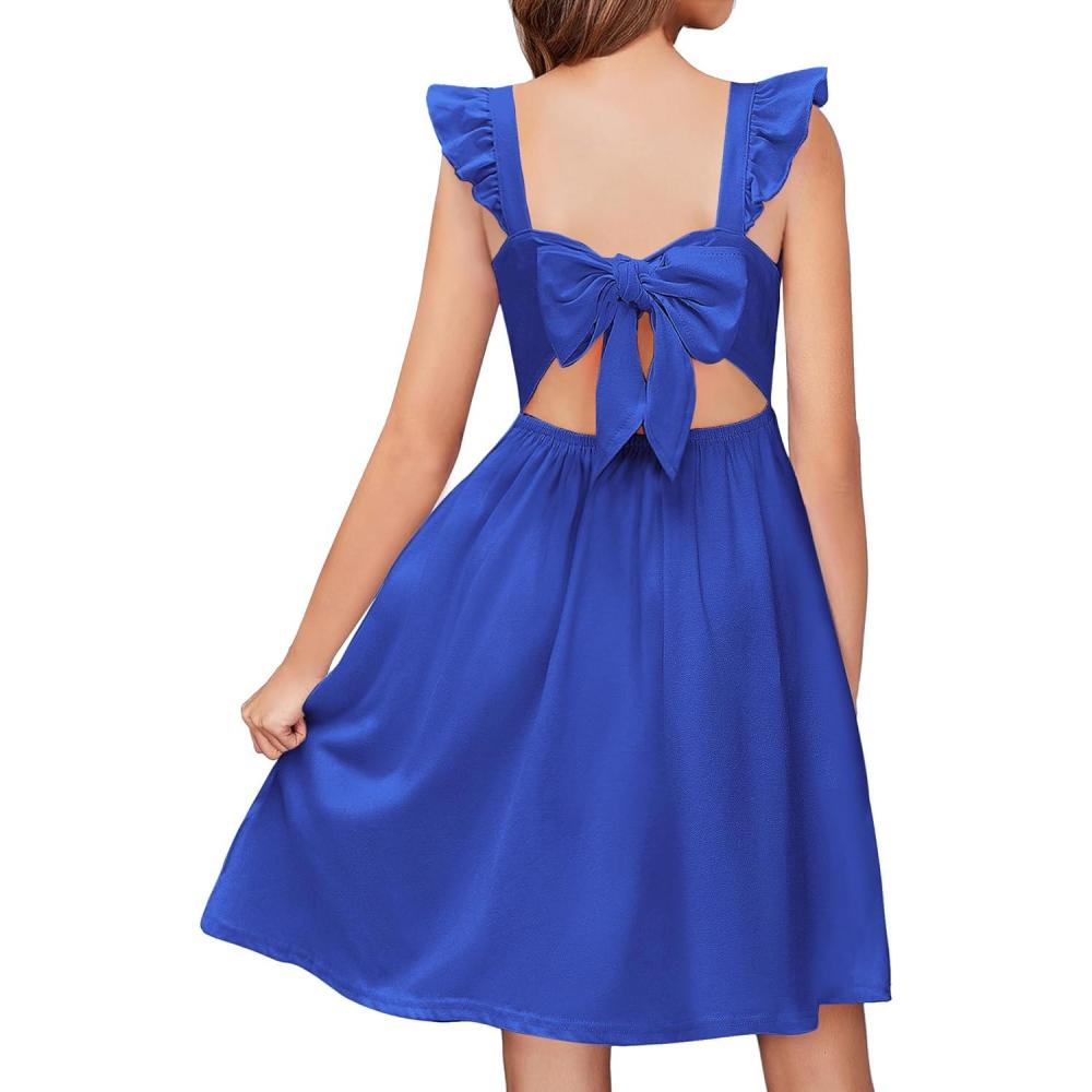 imageArshiner Girls Summer Dresses Square Neck Ruffle Sleeve Tie Back ALine Swing Casual Midi Dress with PocketsRoyal Blue