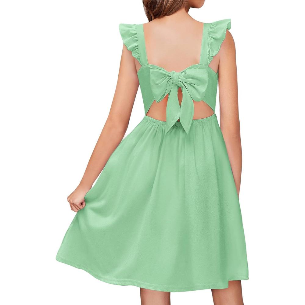 imageArshiner Girls Summer Dresses Square Neck Ruffle Sleeve Tie Back ALine Swing Casual Midi Dress with PocketsSage Green