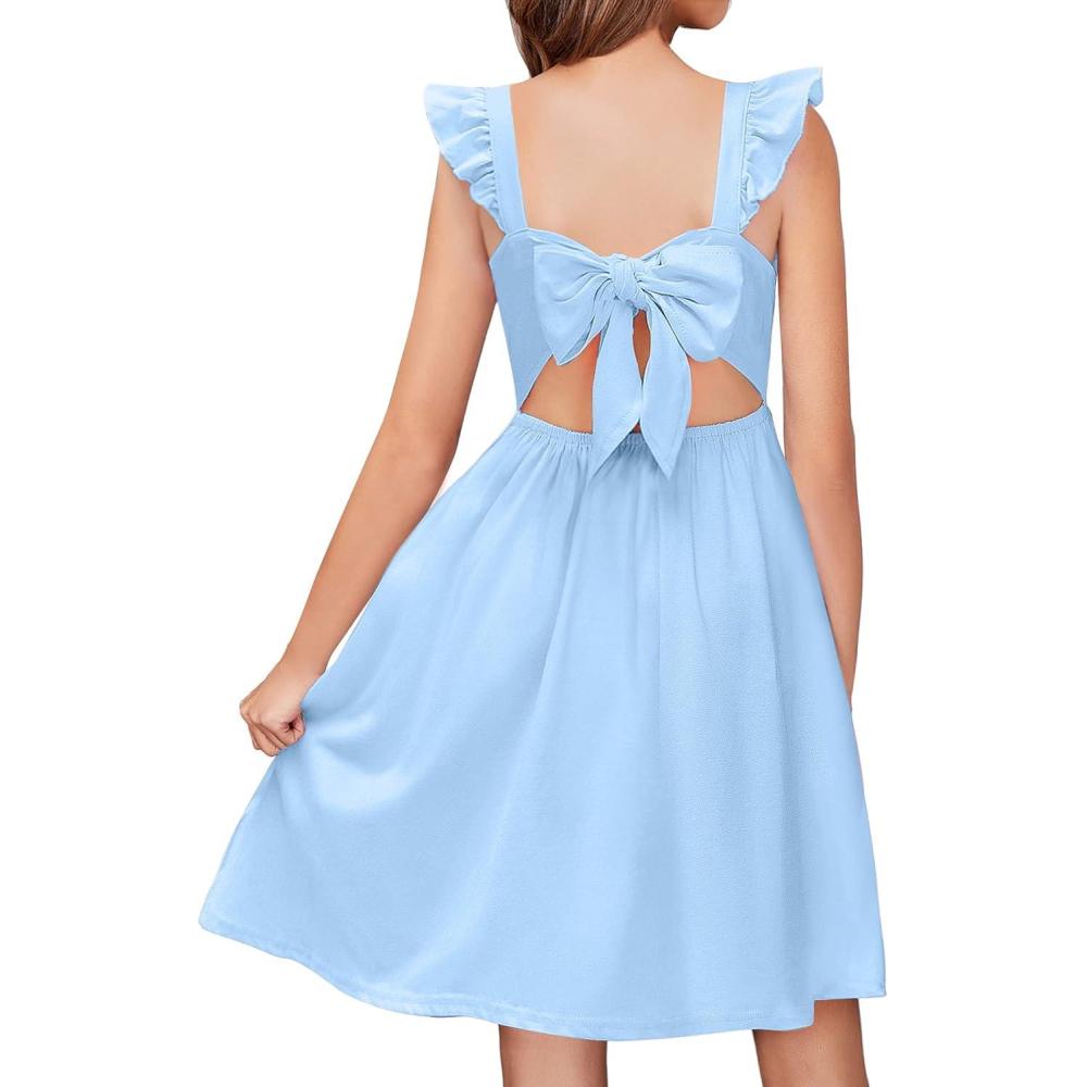 imageArshiner Girls Summer Dresses Square Neck Ruffle Sleeve Tie Back ALine Swing Casual Midi Dress with PocketsSky Blue